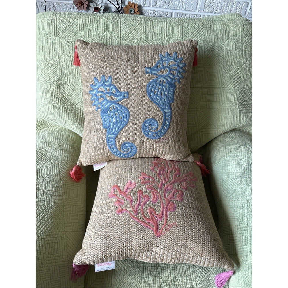 Lilly Pulitzer Pottery Barn Throw Pillows Seahorse Coral Tassel Set of 2 Outdoor